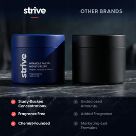 Strive Hyaluronic Acid graphic illustrates deep hydration and plump skin feel.