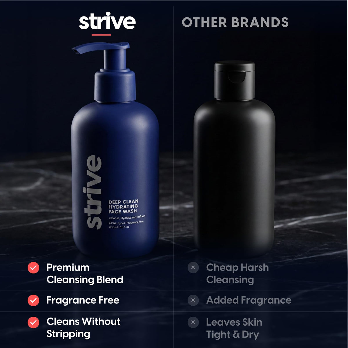 Strive Hydrating Men's Face Wash fragrance-free formula is gentle on sensitive skin.