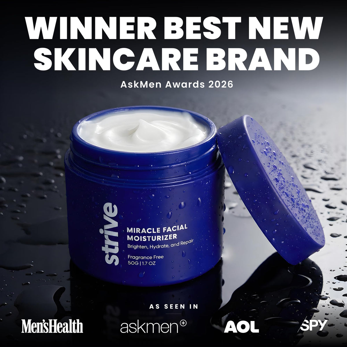 Strive men face moisturizer label close-up highlights Niacinamide and Hyaluronic Acid.