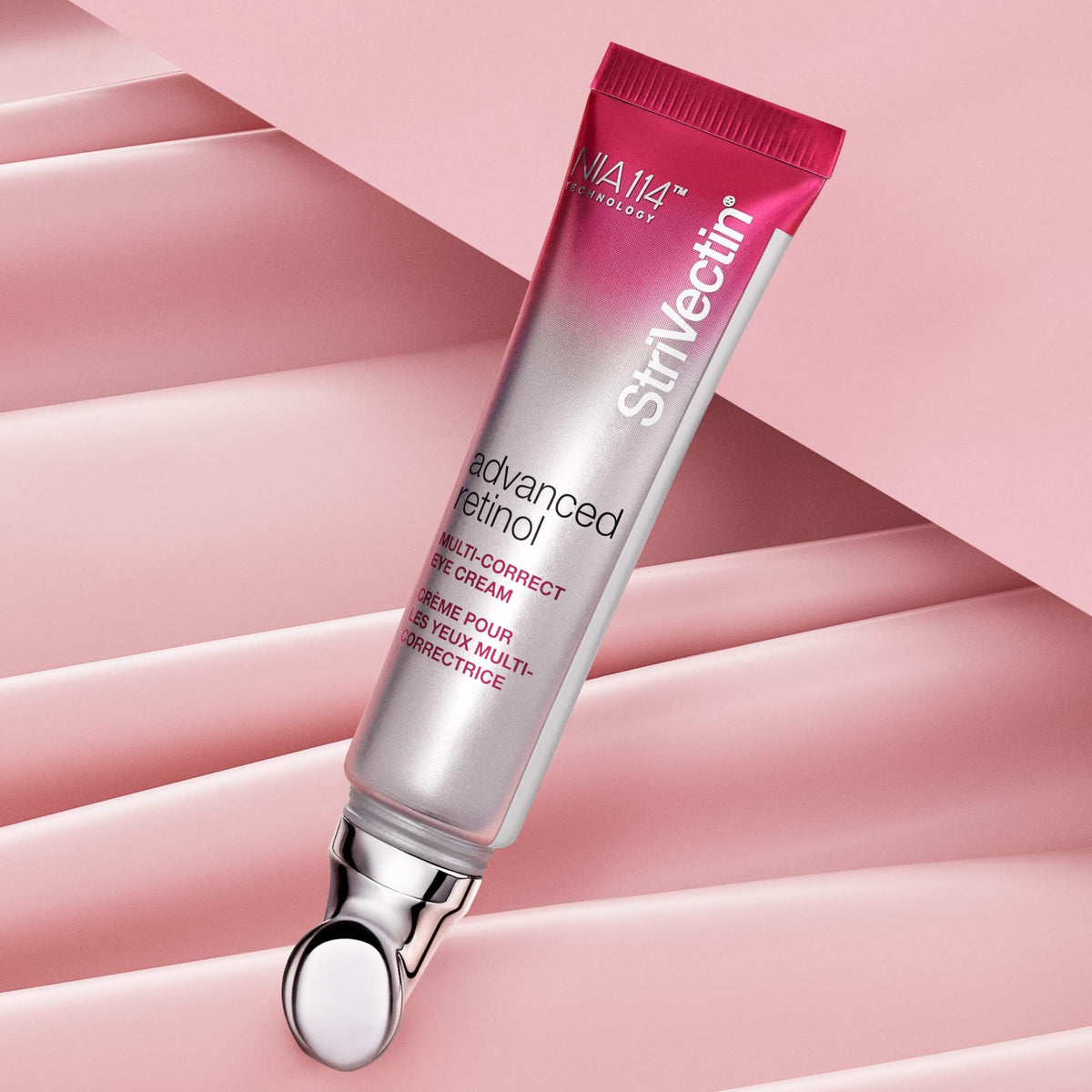 Close-up of StriVectin eye cream applied to the under-eye area showing smoothing effect.
