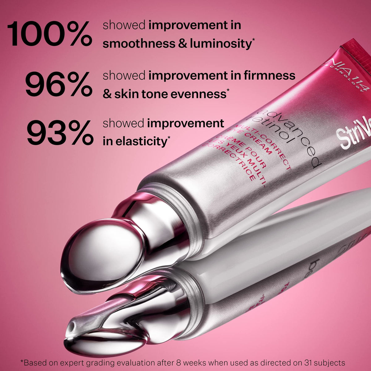 Texture swatches of StriVectin eye cream highlighting lightweight hydration for the eye area.