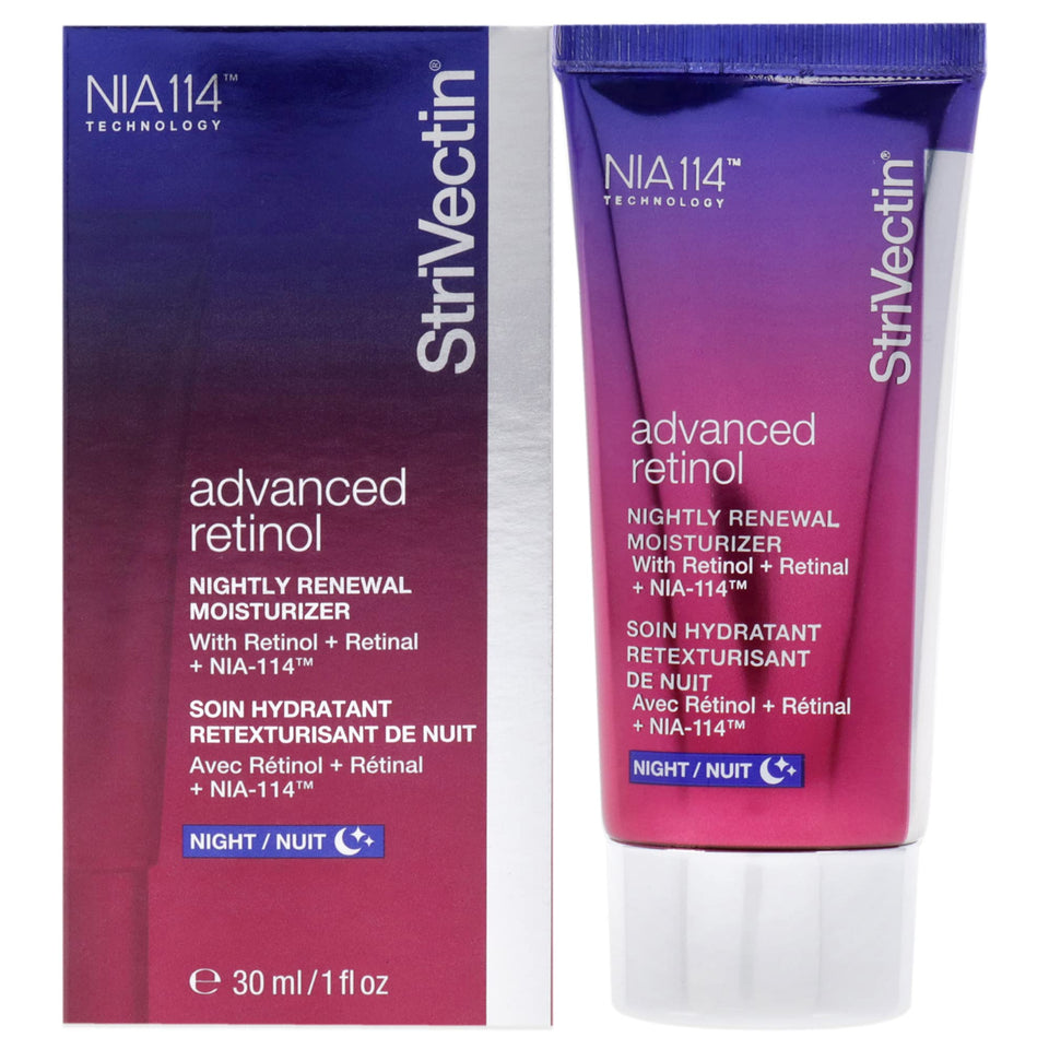 StriVectin Advanced Retinol Night Moisturizer bottle on a clean surface for overnight care