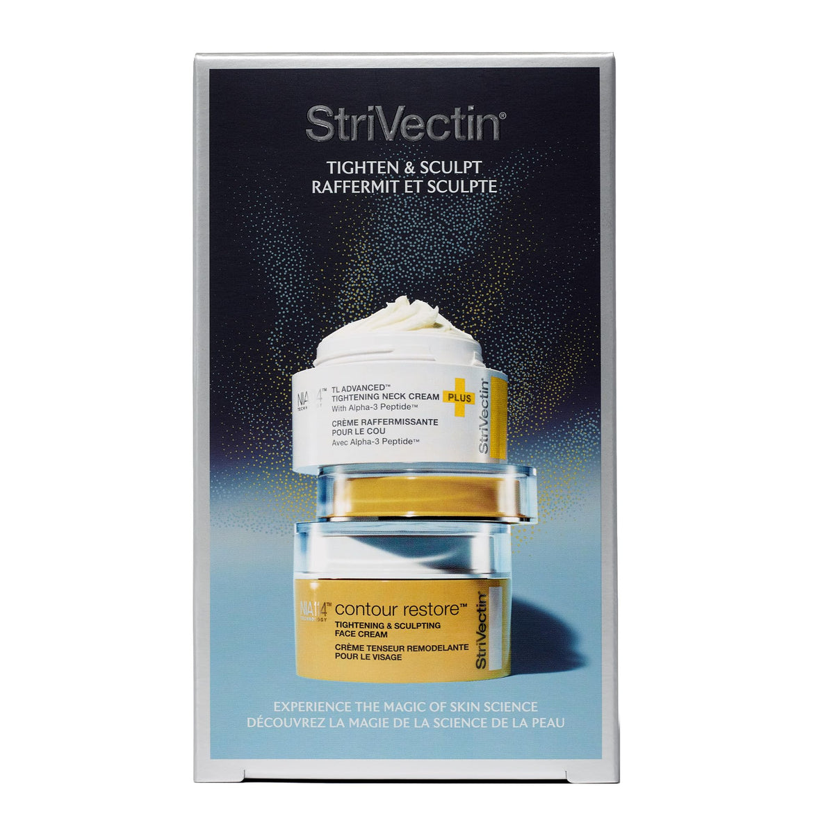 StriVectin Contour Restore Tightening Face Cream jar showing a visibly sculpted look