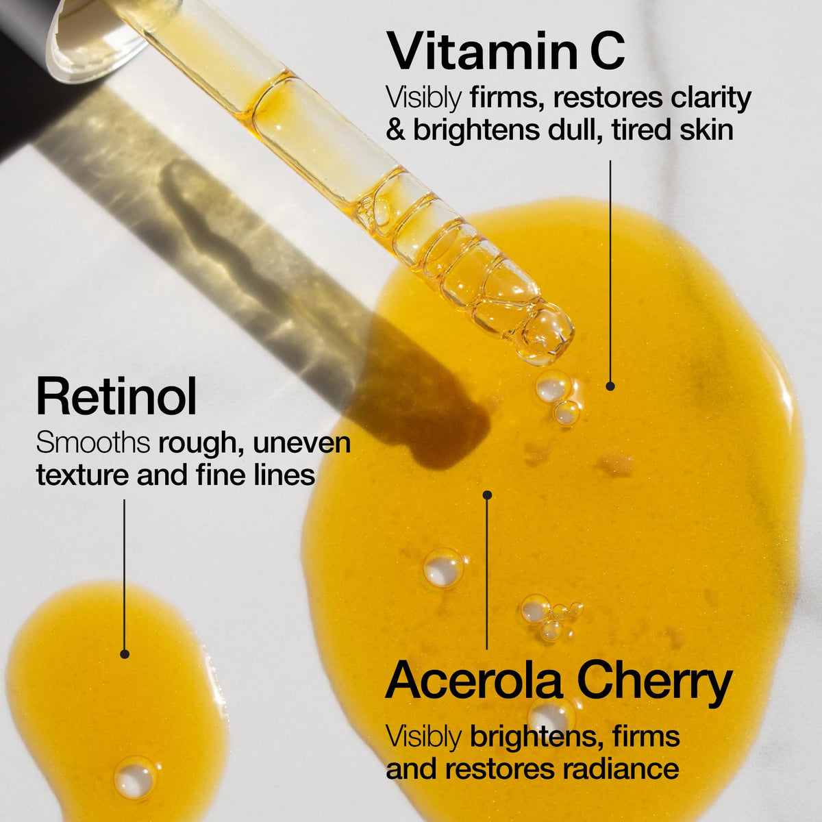 Label detail highlighting Vitamin C, Acerola Cherry Extract, Niacin for skin support.