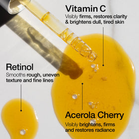 Label detail highlighting Vitamin C, Acerola Cherry Extract, Niacin for skin support.