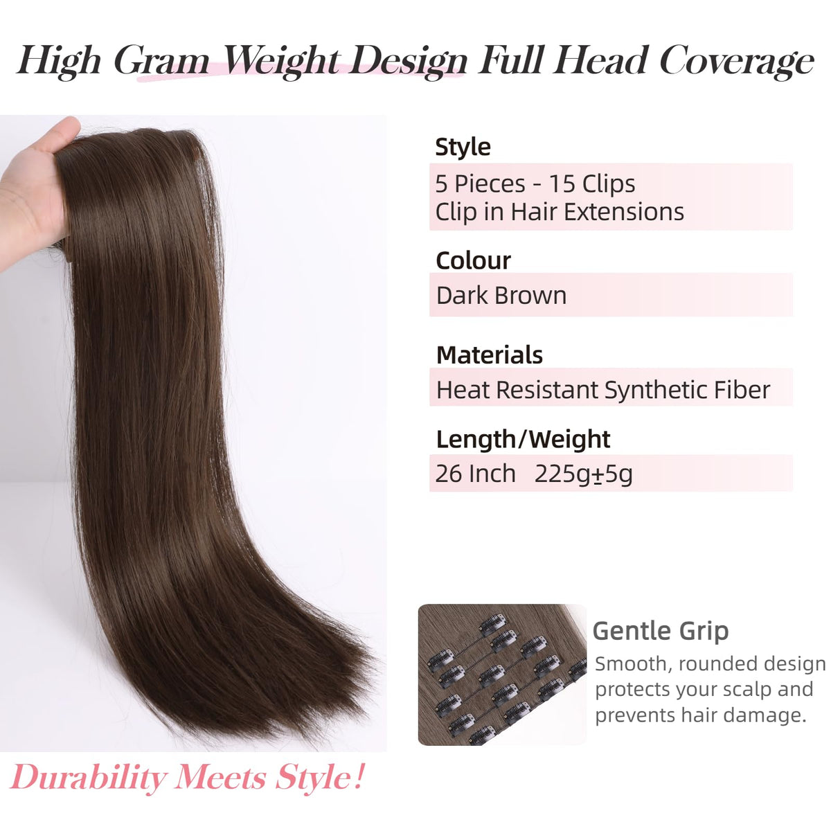 StrRid dark brown clip-in extensions 26in, weft 5.9in, lightweight comfort for long wear