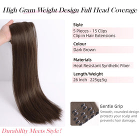 StrRid dark brown clip-in extensions 26in, weft 5.9in, lightweight comfort for long wear
