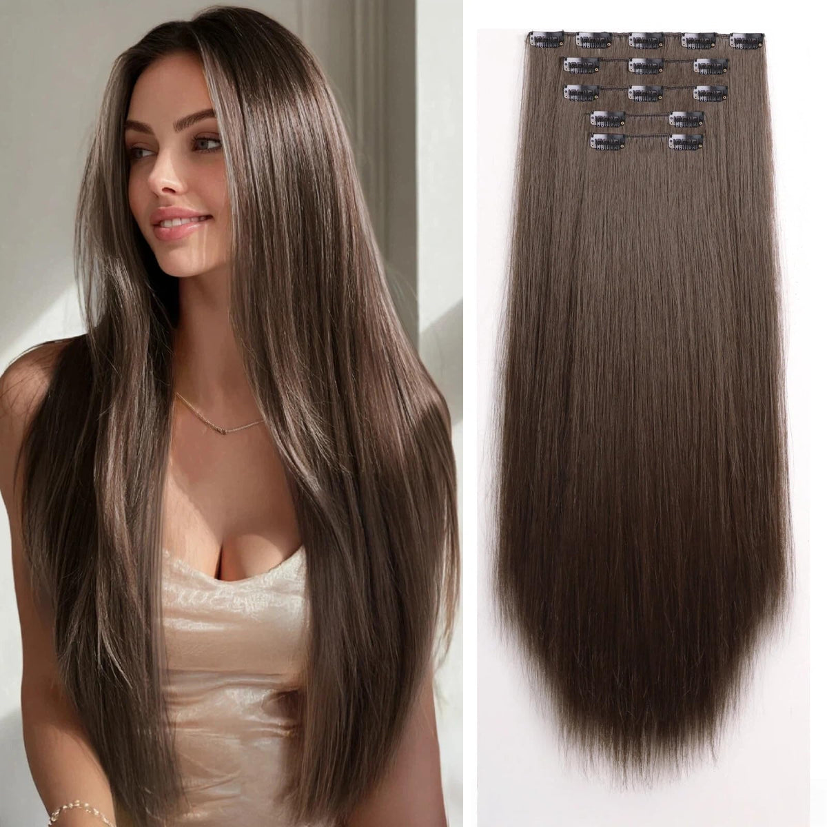 StrRid dark brown clip-in extensions 26in, weft 9.8in, natural-looking volume for daily styling