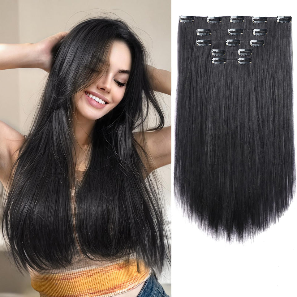 strrid natural black straight clip-in extensions, 18 inches, five-piece set for full volume.
