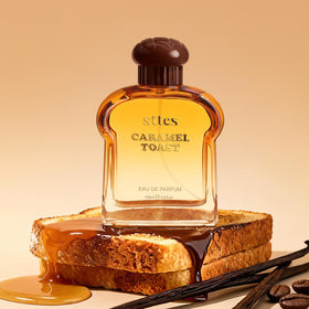 Sttes Caramel Toast bottle on a desk, perfect morning routine.
