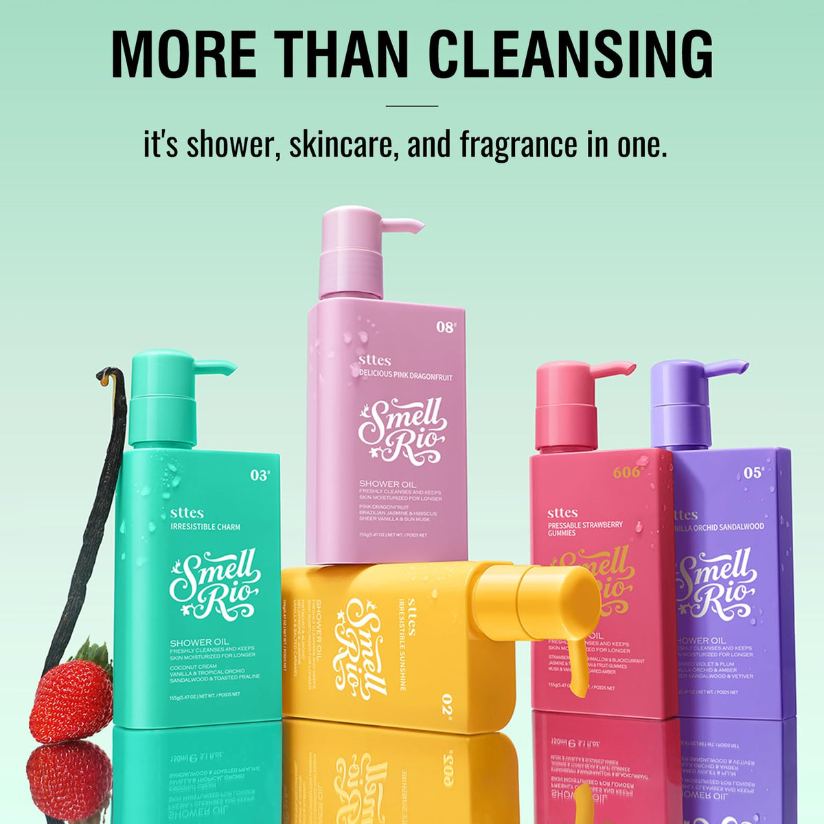 Sttes Smell Rio Shower Oil clean beauty label highlighting paraben and mineral oil free formula.