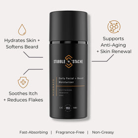 Stubble & Stache application on hands demonstrates easy daily beard and skin care.