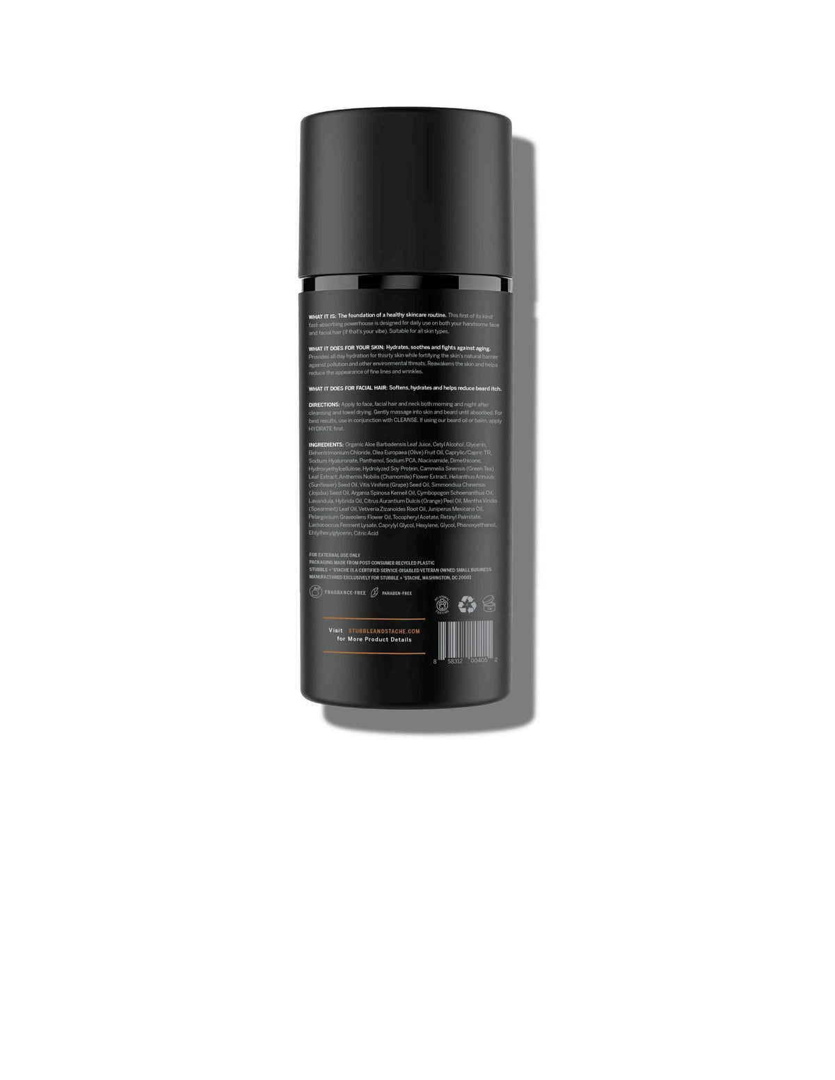 Stubble & Stache fragrance-free label reinforces safe daily use for sensitive skin.