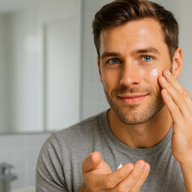 Stubble & Stache moisturizer texture closeup shows fast absorption and non-greasy finish.