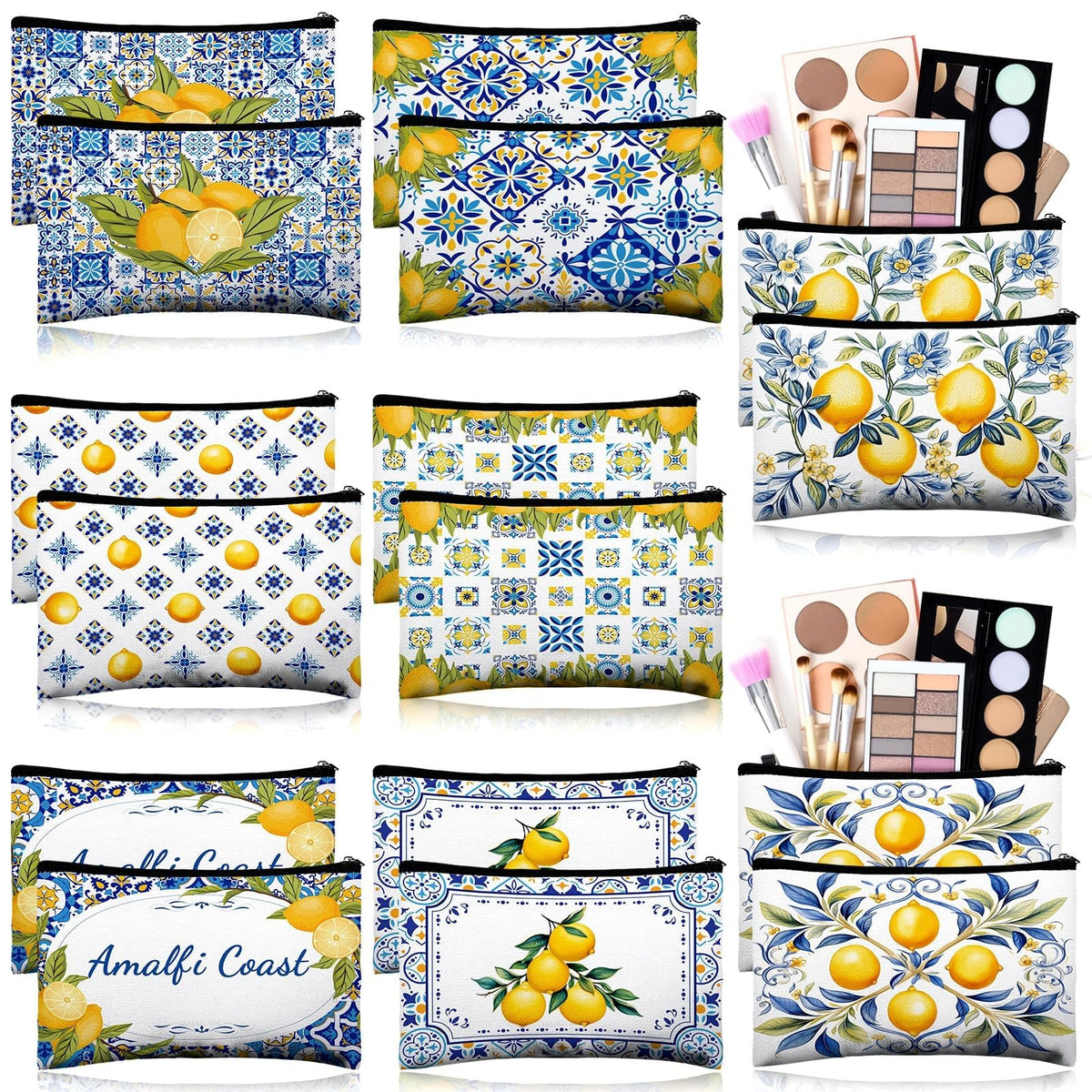 Stuffygreenus lemon canvas makeup bag with blue tiles, ideal for organizing small cosmetics.