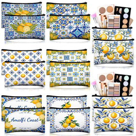 Stuffygreenus lemon canvas makeup bag with blue tiles, ideal for organizing small cosmetics.