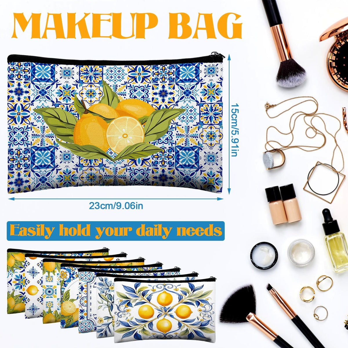 Stuffygreenus lemon cosmetic pouch with zipper, perfect for travel toiletries.