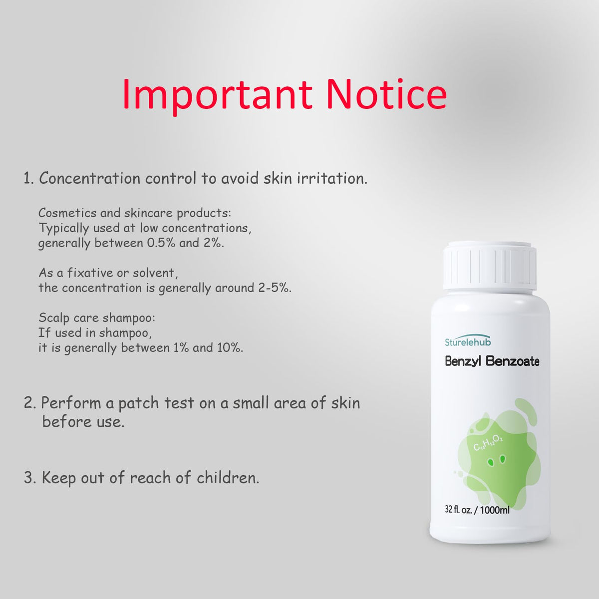 Sturelehub Benzyl Benzoate scalp care application aids cleansing and scalp freshness.