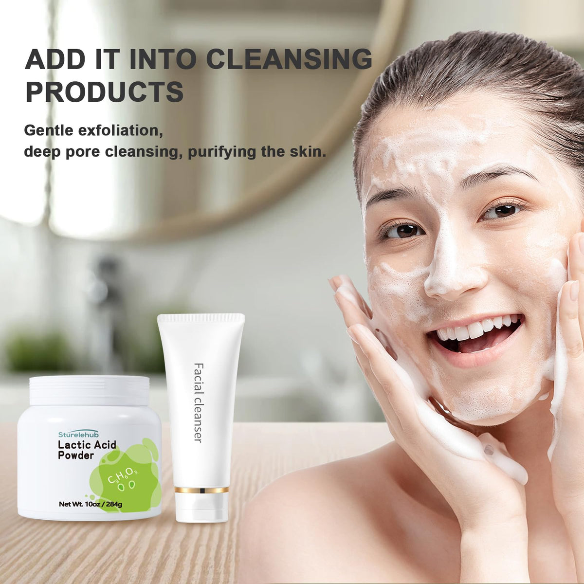 Sturelehub lactic acid powder being stirred into a mask demonstrates easy DIY blending.