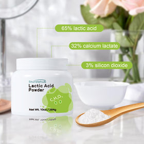 Sturelehub lactic acid powder jar close-up suggests purity for cleaner homemade formulations.