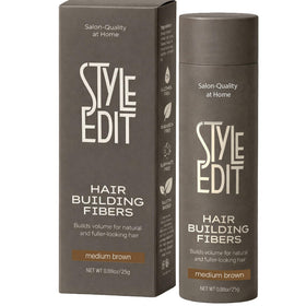 Style Edit Hair Building Fibers bottle in medium brown blends naturally with hair