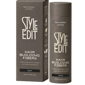 Style Edit Hair Building Fibers bottle — feather-light fibers for instant thinning concealment.