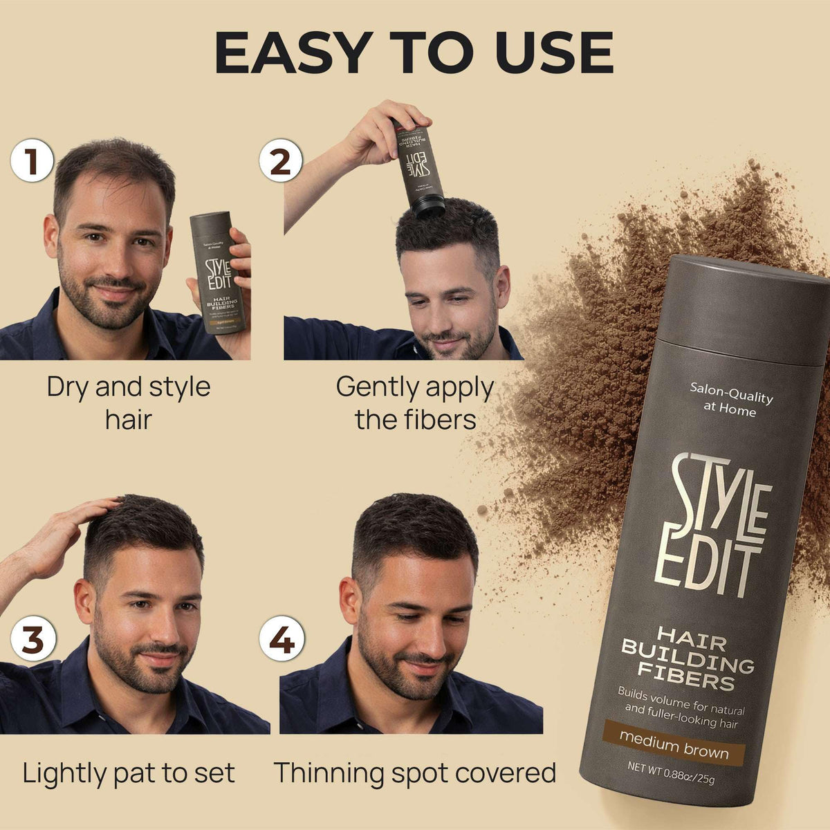 Shade swatches for Style Edit Hair Building Fibers from Black to Light Brown