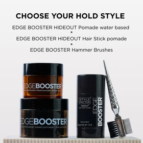 Glossy finish on model hair after using Edge Booster Hideout to tame flyaways