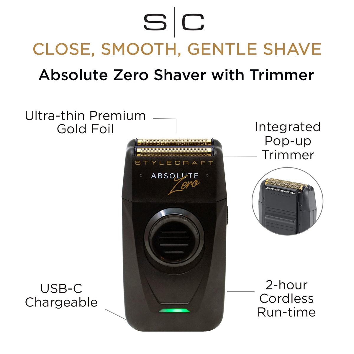 Stylecraft Absolute Zero foil shaver side profile highlighting compact, travel-friendly design