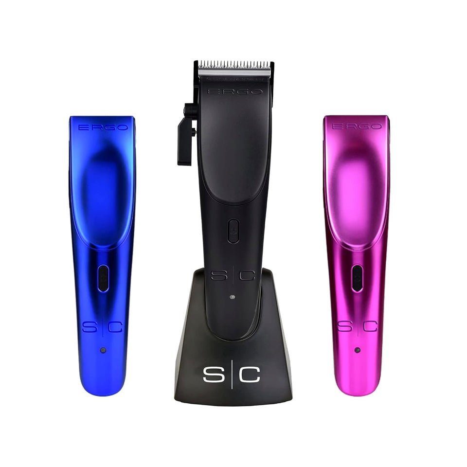 StyleCraft Ergo professional clipper front view demonstrates ergonomic grip for fatigue reduction.