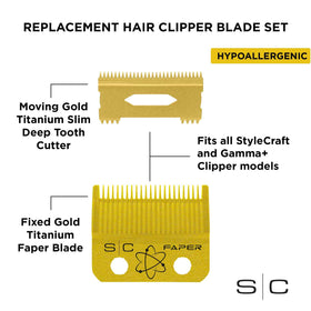 StyleCraft gold titanium blade mounted on a clipper for smooth performance.