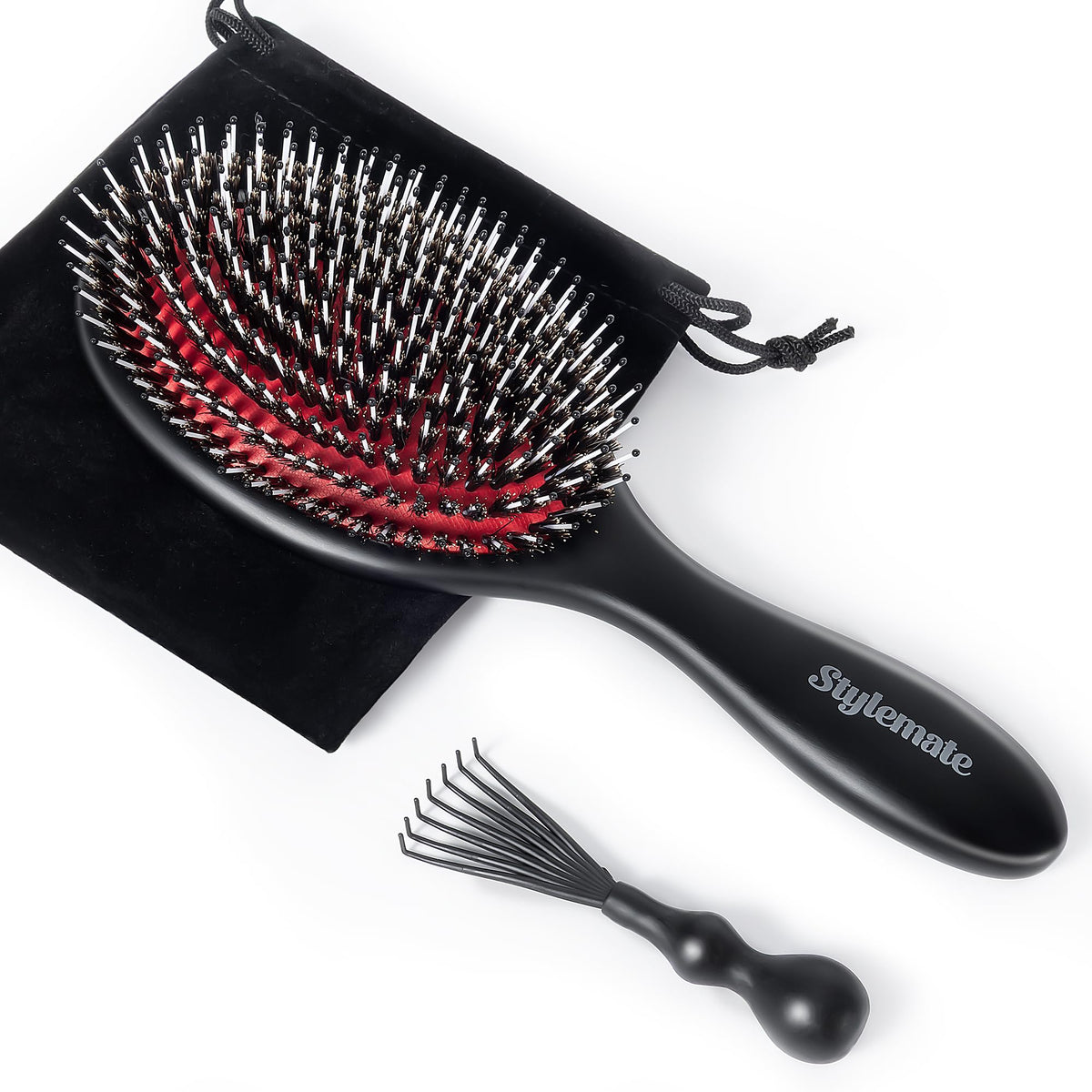 STYLEMATE boar bristle brush paddle for detangling and shine.
