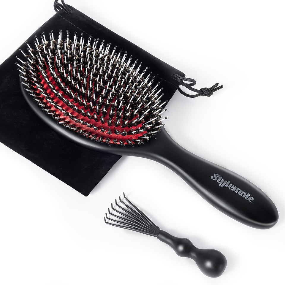STYLEMATE boar bristle brush paddle for detangling and shine.