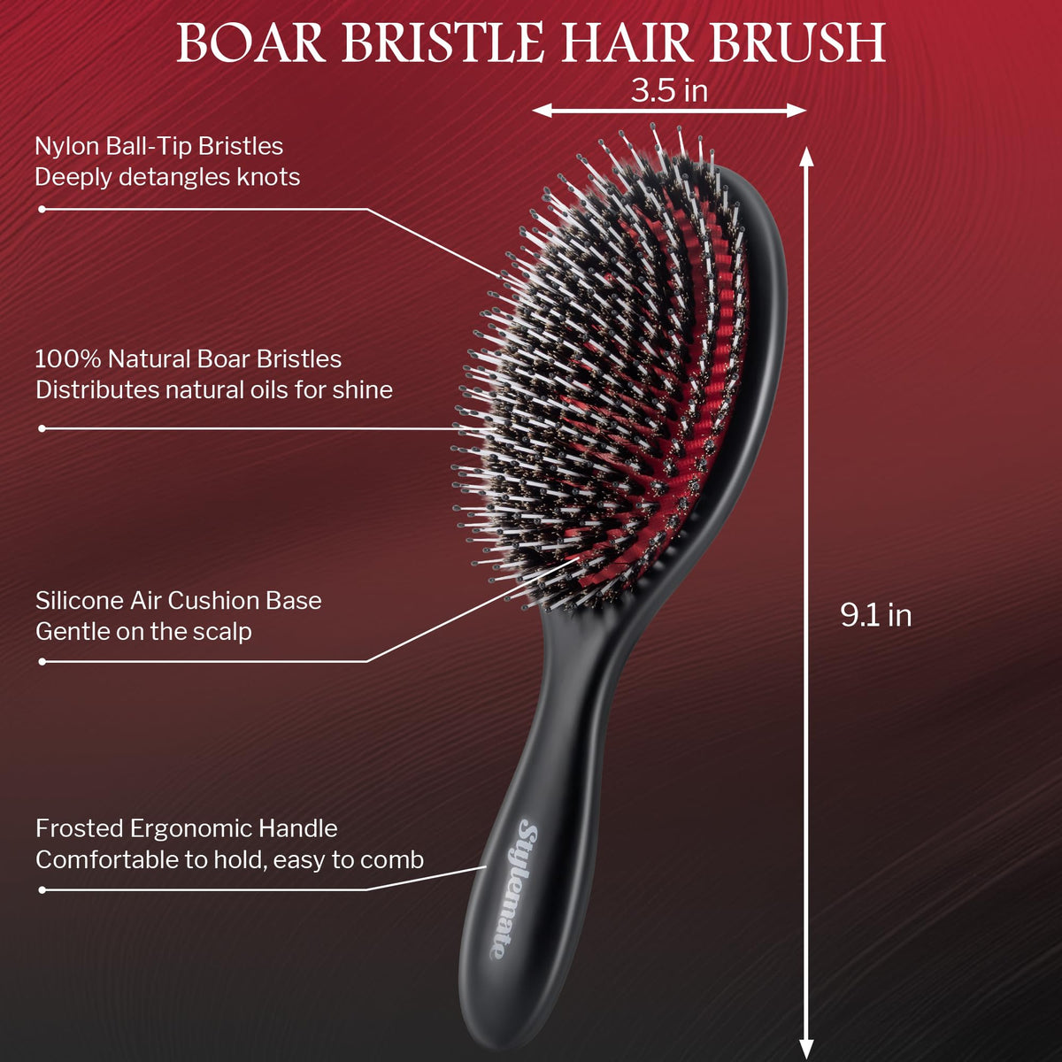 STYLEMATE nylon-pin brush paddle with air cushion for gentle detangling.