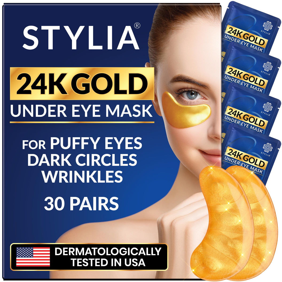 Stylia 24k gold under-eye patches packaging for a luxurious skincare ritual