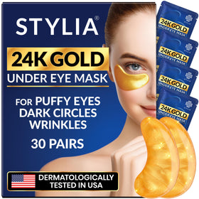Stylia 24k gold under-eye patches packaging for a luxurious skincare ritual