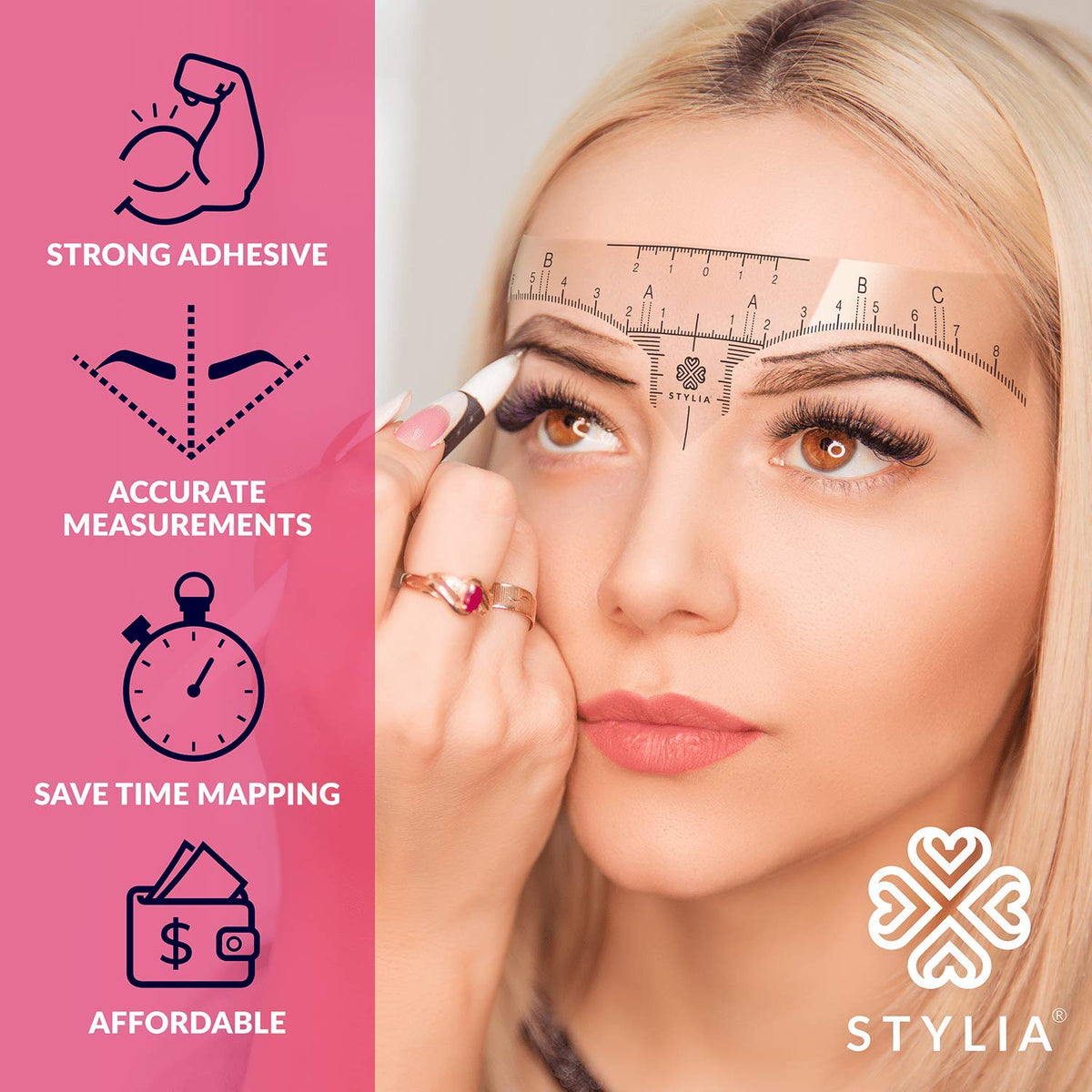 Stylia universal-fit stencils enable natural brows with easy alignment.
