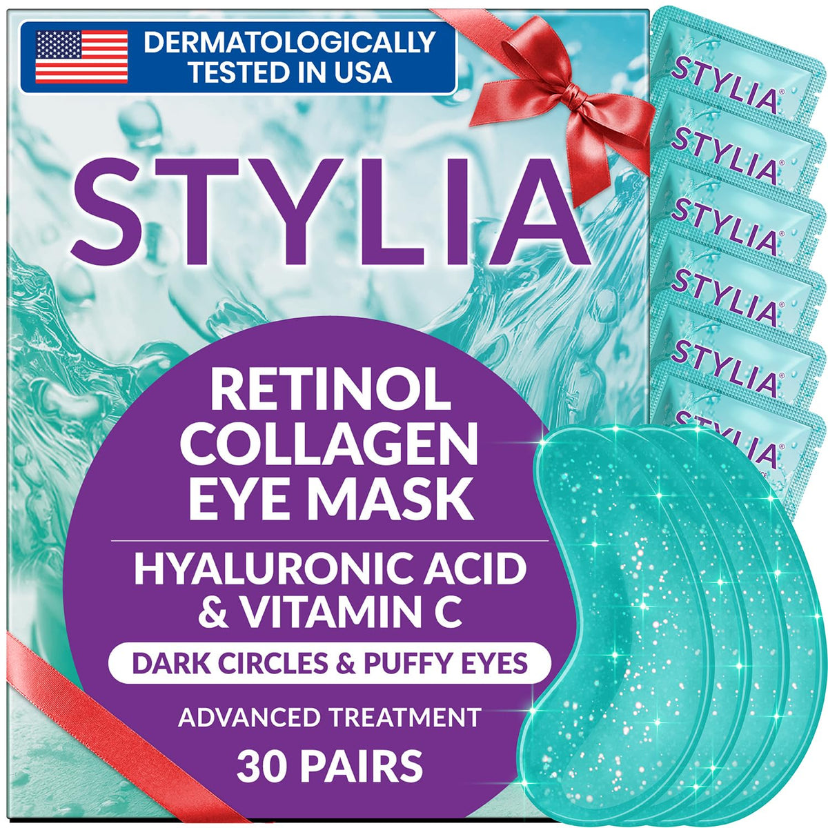 Stylia Under Eye Patches with marine collagen patch resting under eyes for refreshed look.