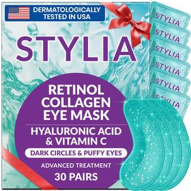 Stylia Under Eye Patches with marine collagen patch resting under eyes for refreshed look.