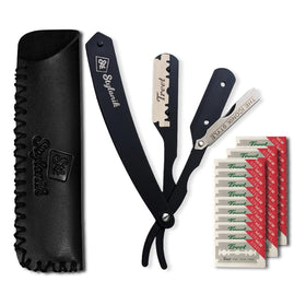 Stylonik Professional straight-edge razor with leather case for secure storage and travel-ready precision.