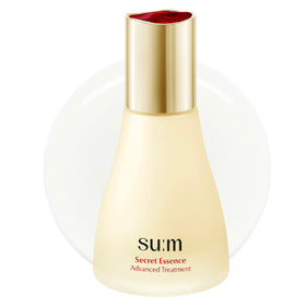SU:M Secret Essence bottle close-up showing hydrating serum for barrier support.