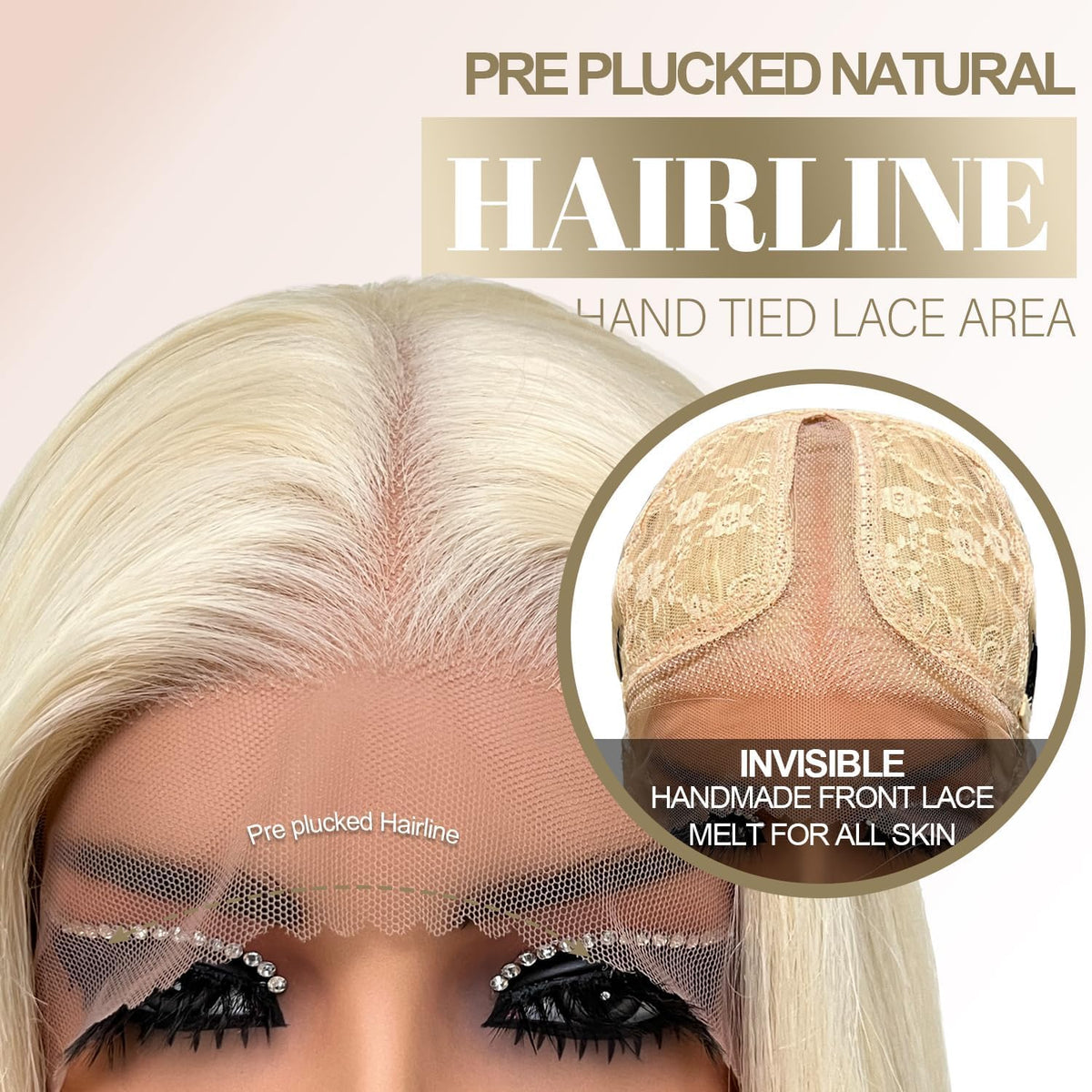 Su Mei.s blonde wig close-up hairline shows HD lace and realistic scalp.