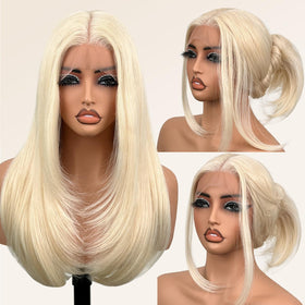 Su Mei.s glueless lace front wig 26in blonde front view with natural look and quick wear.