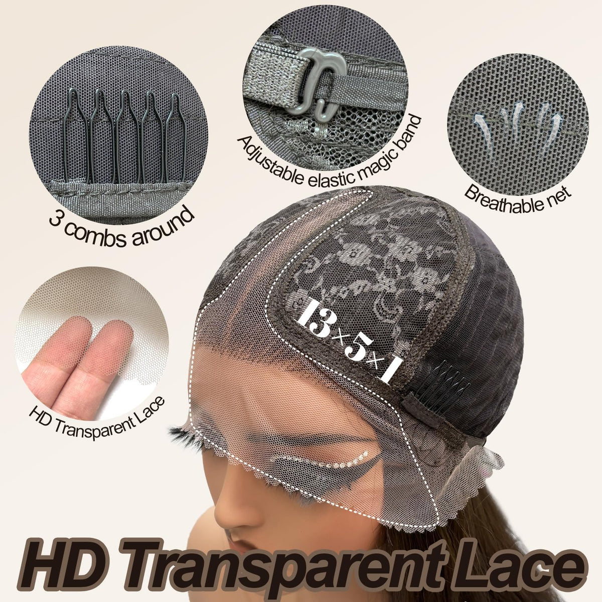 Su Mei.s glueless cap features secure fit with anti-slip interior.