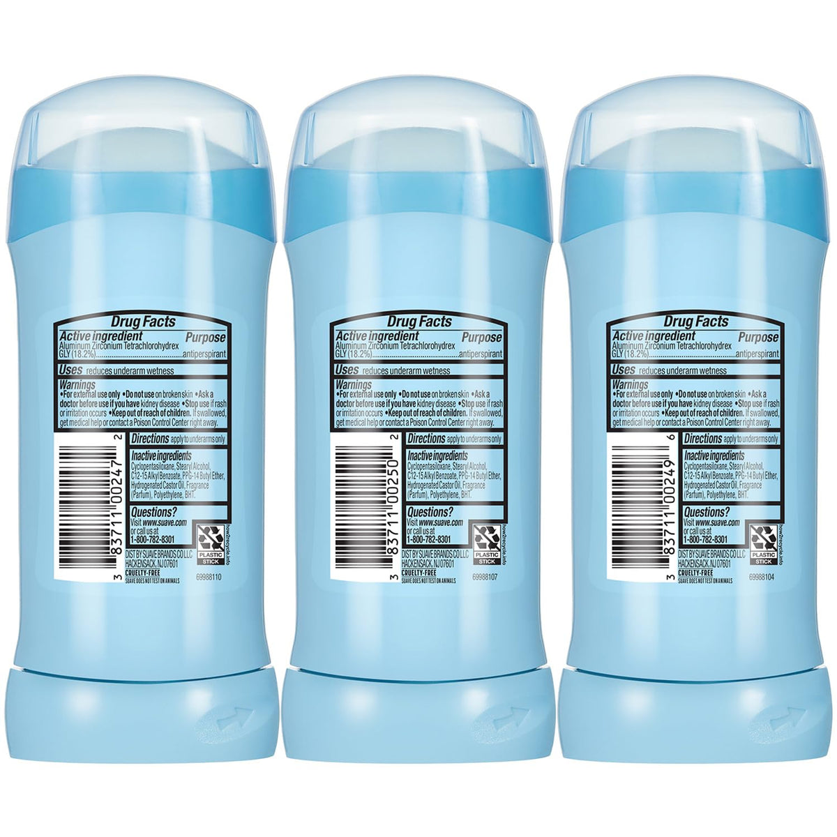 Suave 2.6 oz sticks in a compact trio for travel-ready protection.