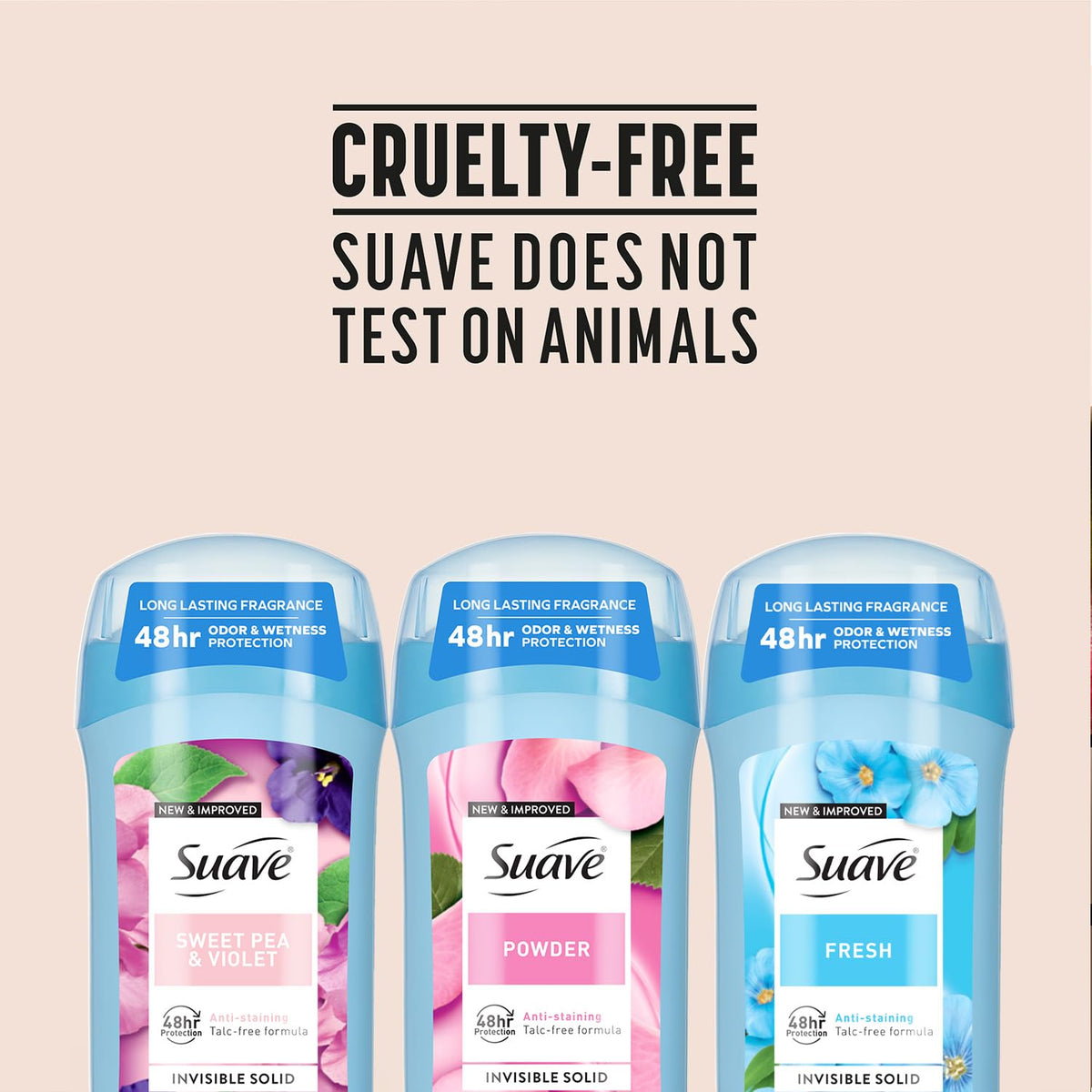 Suave 3-pack display showing convenient carry and value.