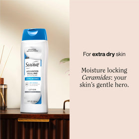 Suave Advanced Healing Lotion close-up highlights ceramides for skin barrier support.