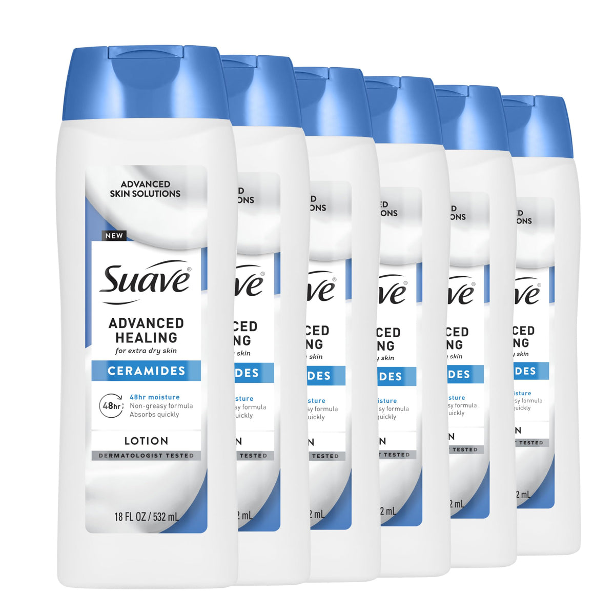 Suave Advanced Healing Lotion bottle front view for deep hydration and daily moisturization.
