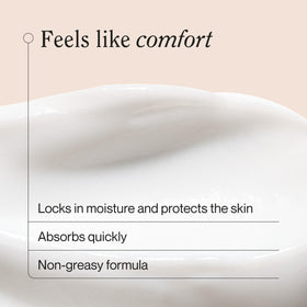 Lotion applied to hands demonstrates quick spread and non-sticky moisturization.
