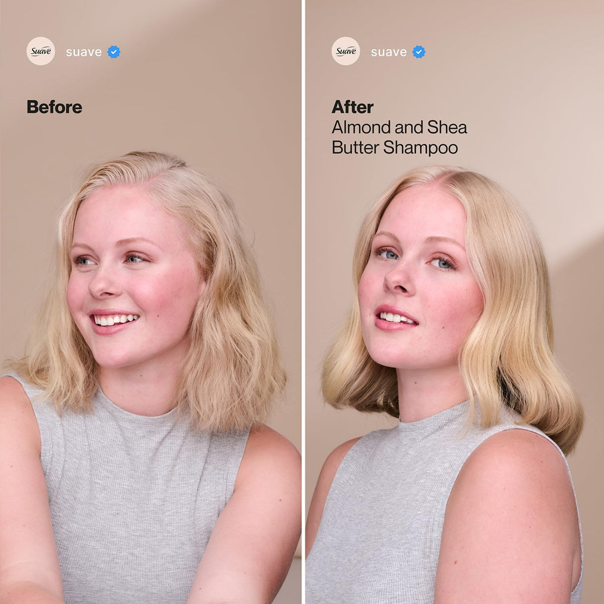 Ingredients panel highlights almond and shea butter in Suave formula.